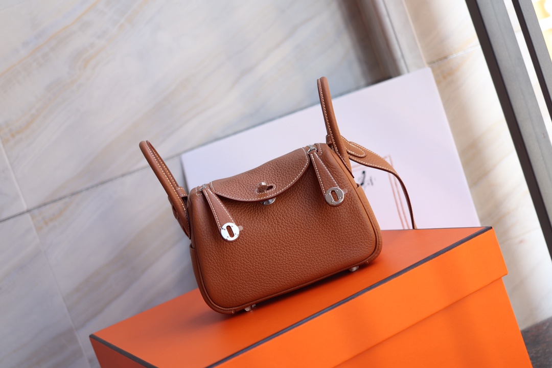 에르메스 미니 린디백19 골드브라운 은장 끌레망스 가죽